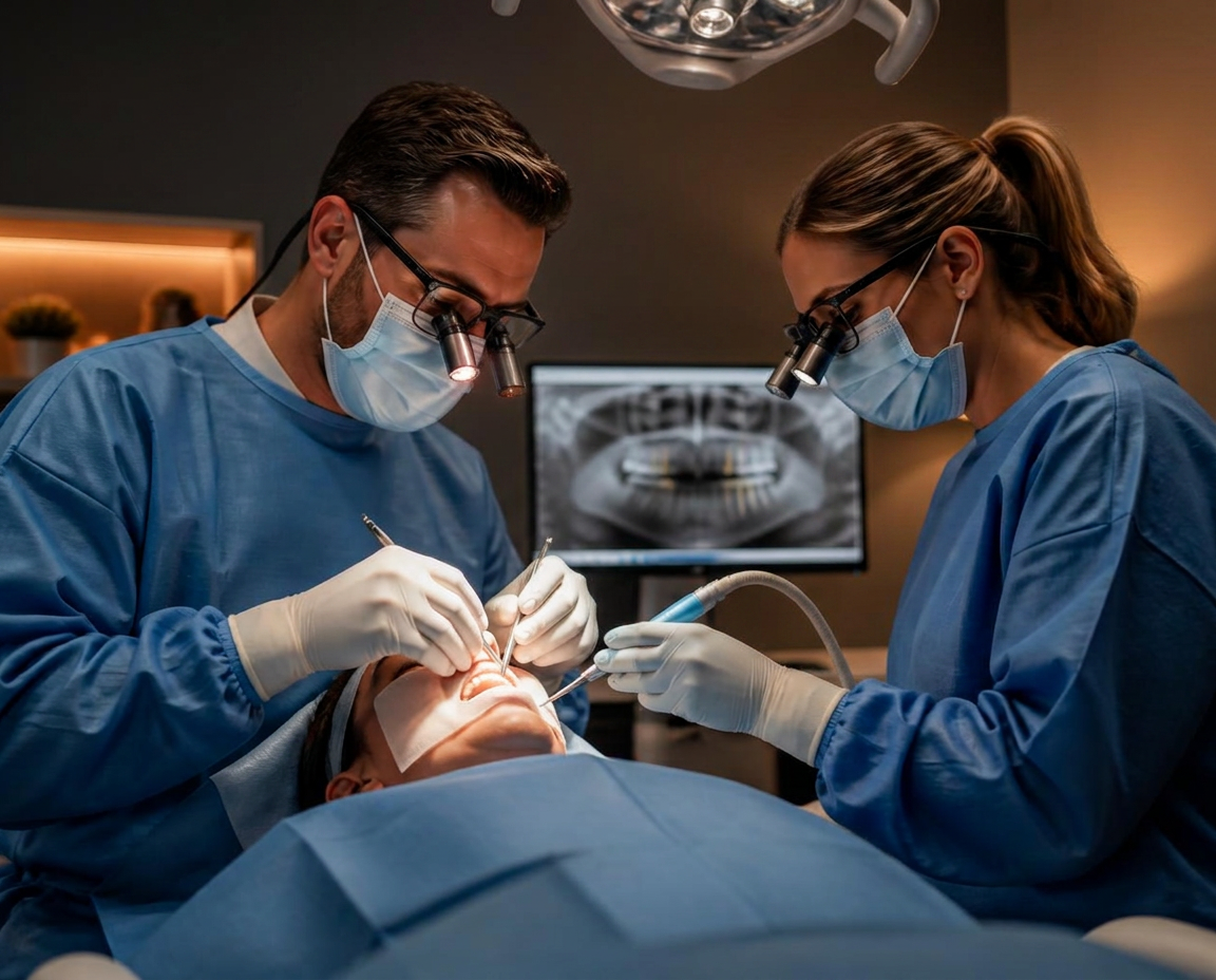 Equipe realizando cirurgia planejada de instalação de implante dentário