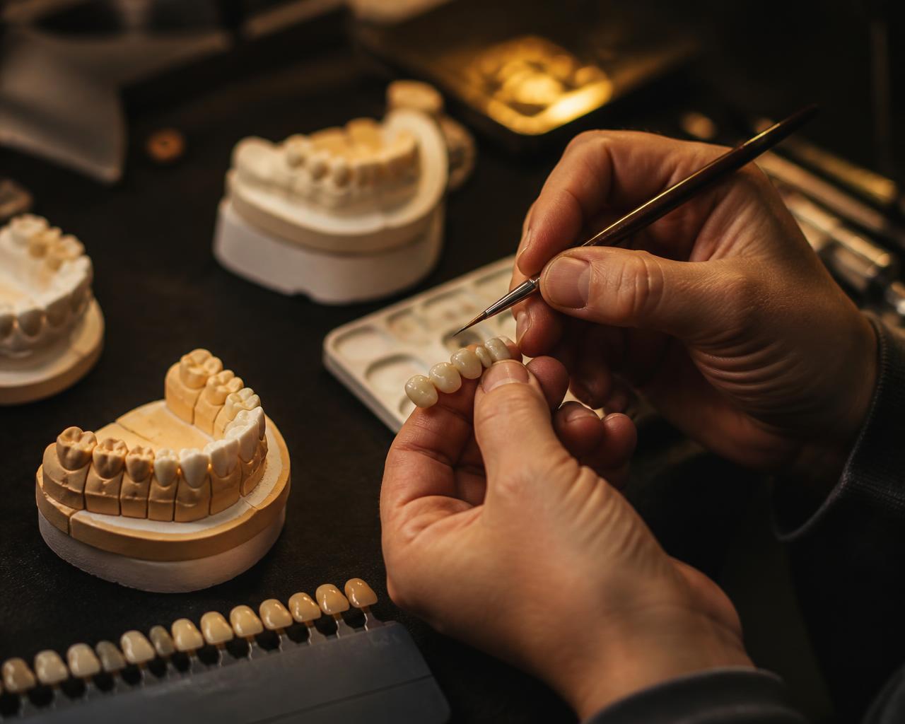 Técnico finalizando manualmente uma prótese dentária em laboratório